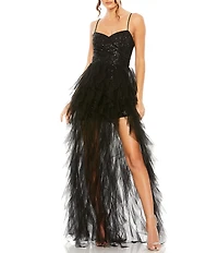 Mac Duggal Sweetheart Neck Sequin Mini Ruffle Tiered Train Dress