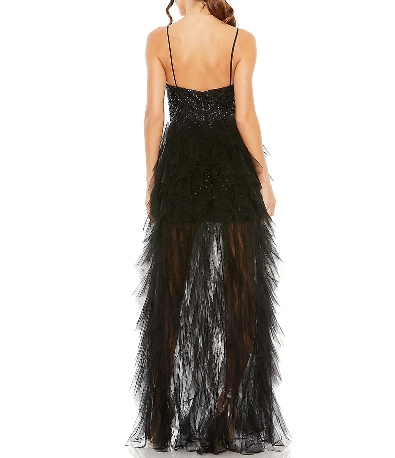 Mac Duggal Sweetheart Neck Sequin Mini Ruffle Tiered Train Dress