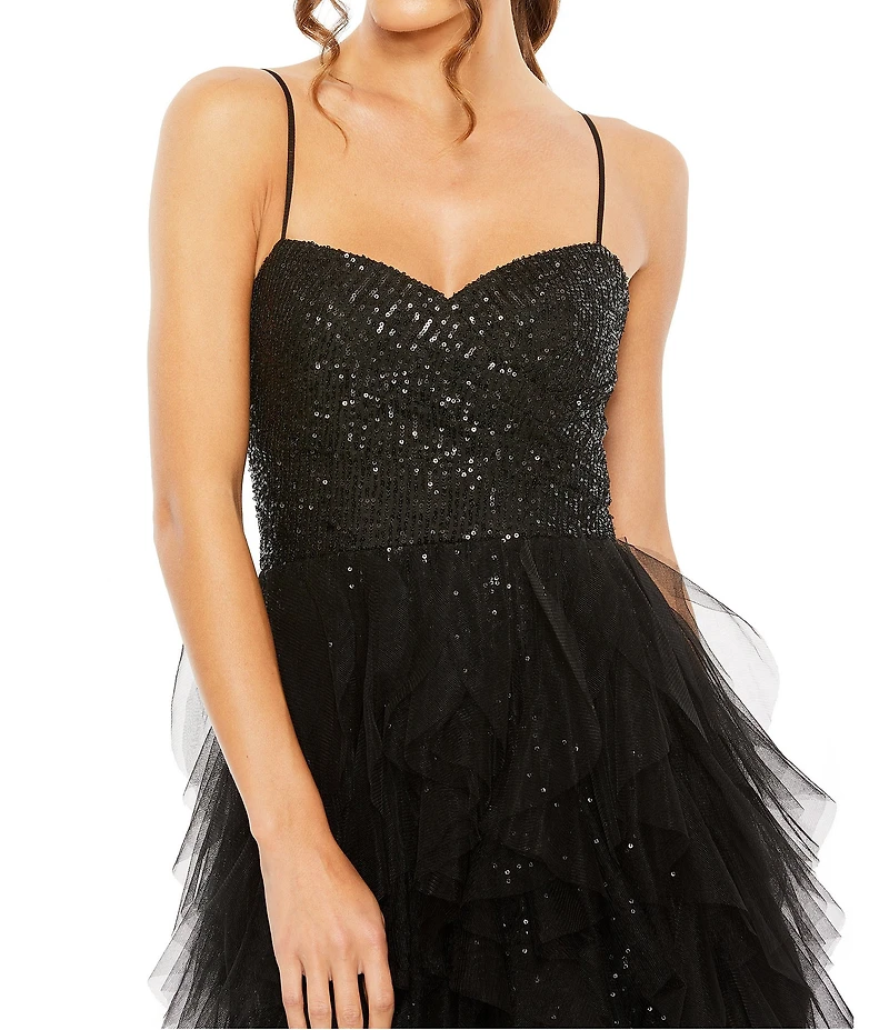Mac Duggal Sweetheart Neck Sequin Mini Ruffle Tiered Train Dress