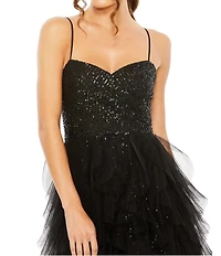 Mac Duggal Sweetheart Neck Sequin Mini Ruffle Tiered Train Dress