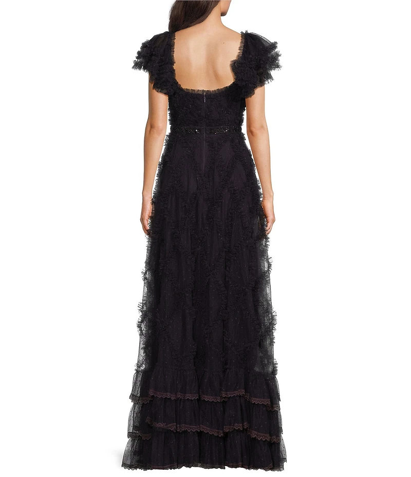 Mac Duggal Sweetheart Neck Short Sleeve Micro Ruffle Tiered Gown