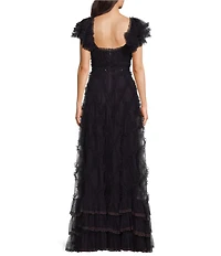 Mac Duggal Sweetheart Neck Short Sleeve Micro Ruffle Tiered Gown