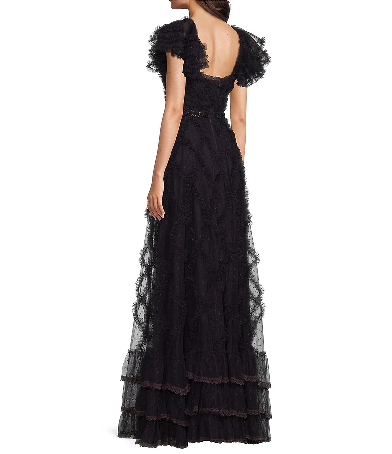 Mac Duggal Sweetheart Neck Short Sleeve Micro Ruffle Tiered Gown
