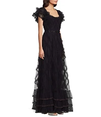 Mac Duggal Sweetheart Neck Short Sleeve Micro Ruffle Tiered Gown