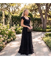 Mac Duggal Sweetheart Neck Short Sleeve Micro Ruffle Tiered Gown