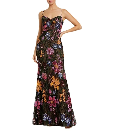 Mac Duggal Sweetheart Neck Sleeveless Floral Sequin Embroidered Mesh Sheath Gown
