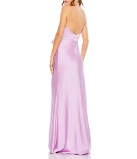 Mac Duggal Sweetheart Strapless Rhinestone Trim Bow Front Satin Charmeuse Column Gown