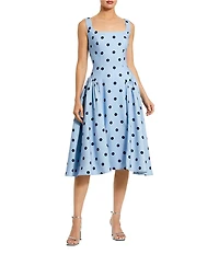 Mac Duggal Crepe Polka Dot Drop Waist Sleeveless Square Neck Midi Dress