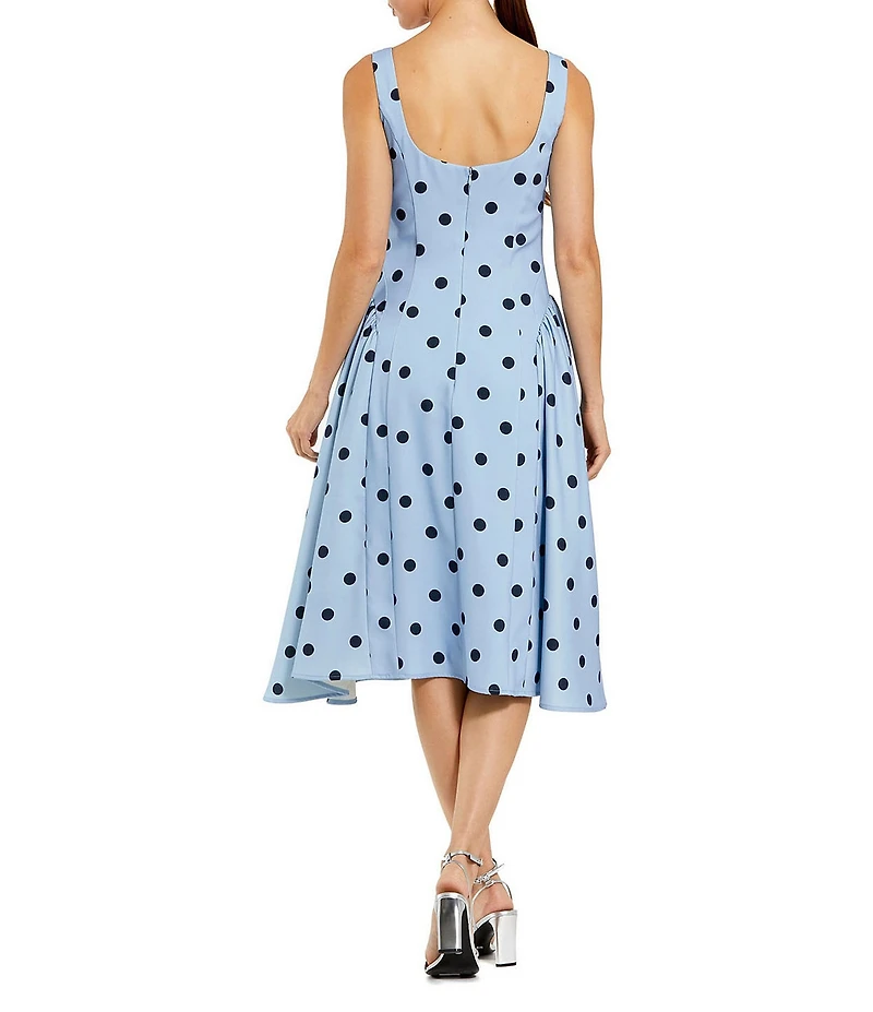 Mac Duggal Crepe Polka Dot Drop Waist Sleeveless Square Neck Midi Dress