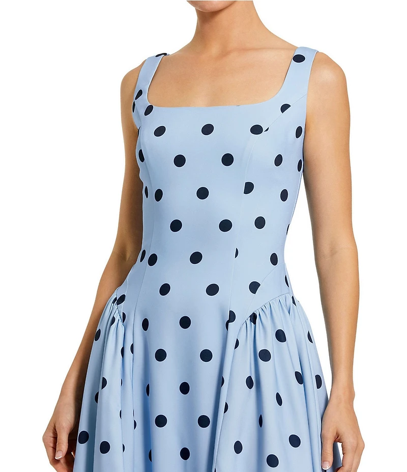 Mac Duggal Crepe Polka Dot Drop Waist Sleeveless Square Neck Midi Dress