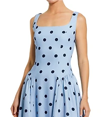 Mac Duggal Crepe Polka Dot Drop Waist Sleeveless Square Neck Midi Dress