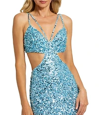 Mac Duggal Thin Strap Cut Out Ombre Sequin Gown
