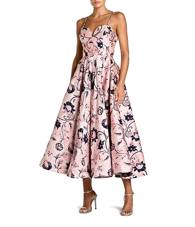 Mac Duggal Thin Strap Sweetheart Neckline Floral Brocade Midi Dress
