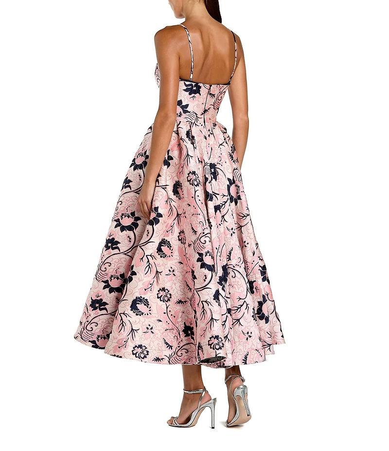 Mac Duggal Thin Strap Sweetheart Neckline Floral Brocade Midi Dress