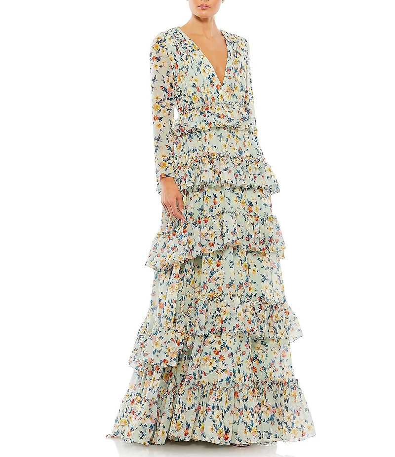 Mac Duggal Tiered Ruffle V Neck Long Sleeve Chiffon Gown