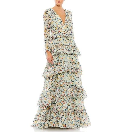 Mac Duggal Tiered Ruffle V Neck Long Sleeve Chiffon Gown