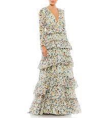 Mac Duggal Tiered Ruffle V Neck Long Sleeve Chiffon Gown