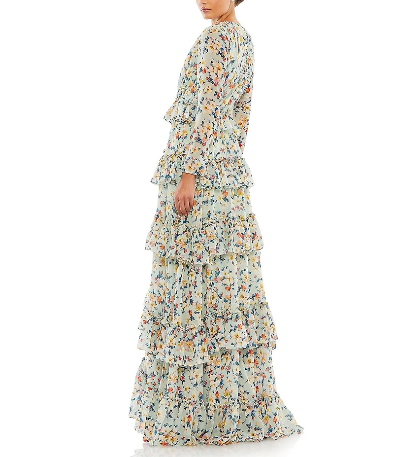 Mac Duggal Tiered Ruffle V Neck Long Sleeve Chiffon Gown