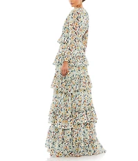 Mac Duggal Tiered Ruffle V Neck Long Sleeve Chiffon Gown