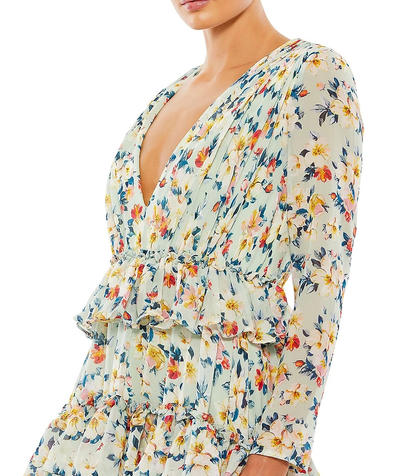 Mac Duggal Tiered Ruffle V Neck Long Sleeve Chiffon Gown