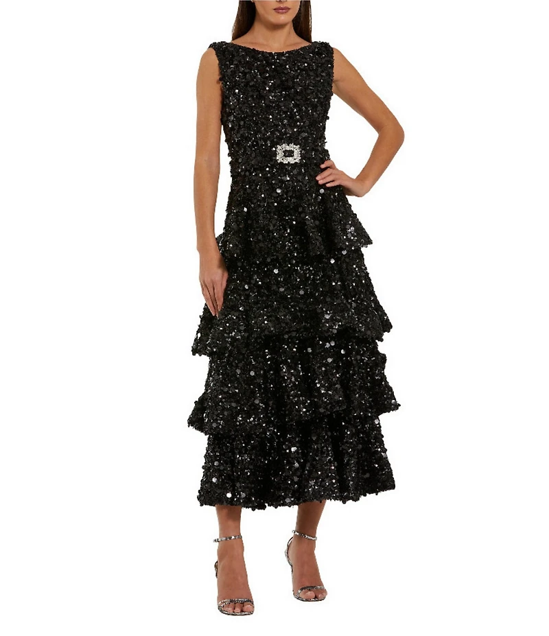 Mac Duggal Tiered Sequin Belted Midi Dress