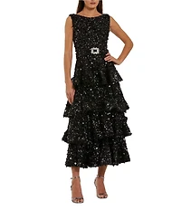 Mac Duggal Tiered Sequin Belted Midi Dress