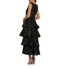 Mac Duggal Tiered Sequin Belted Midi Dress