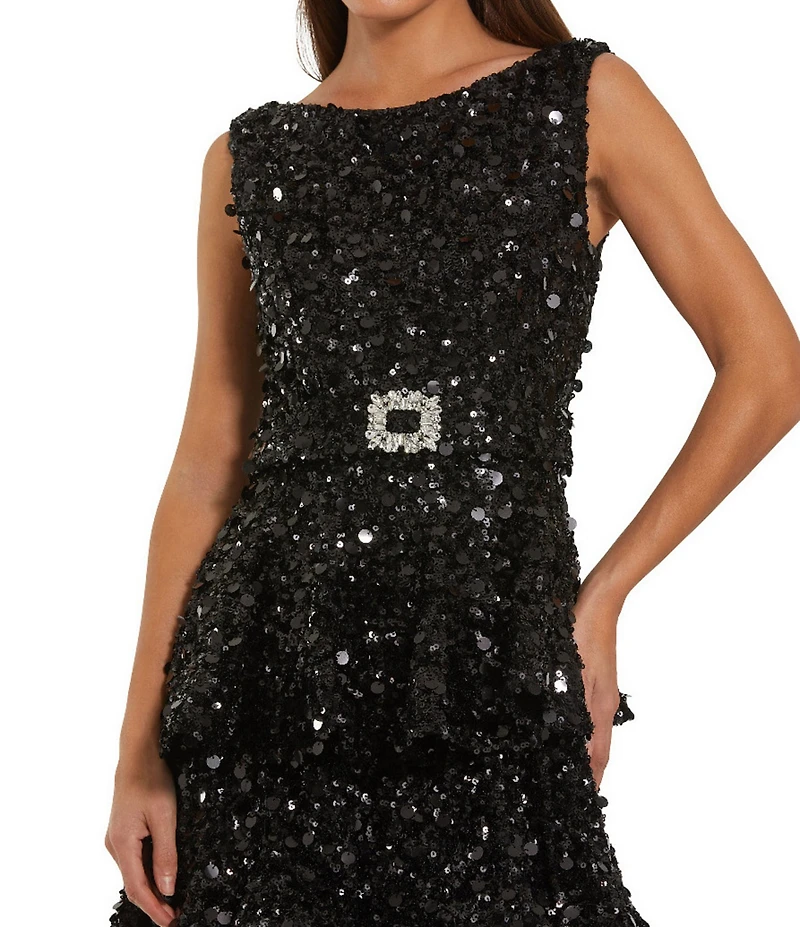 Mac Duggal Tiered Sequin Belted Midi Dress