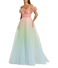Mac Duggal Tulle Ombre Print Off-The-Shoulder Neck Short Sleeve 3D Flower Gown