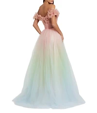 Mac Duggal Tulle Ombre Print Off-The-Shoulder Neck Short Sleeve 3D Flower Gown