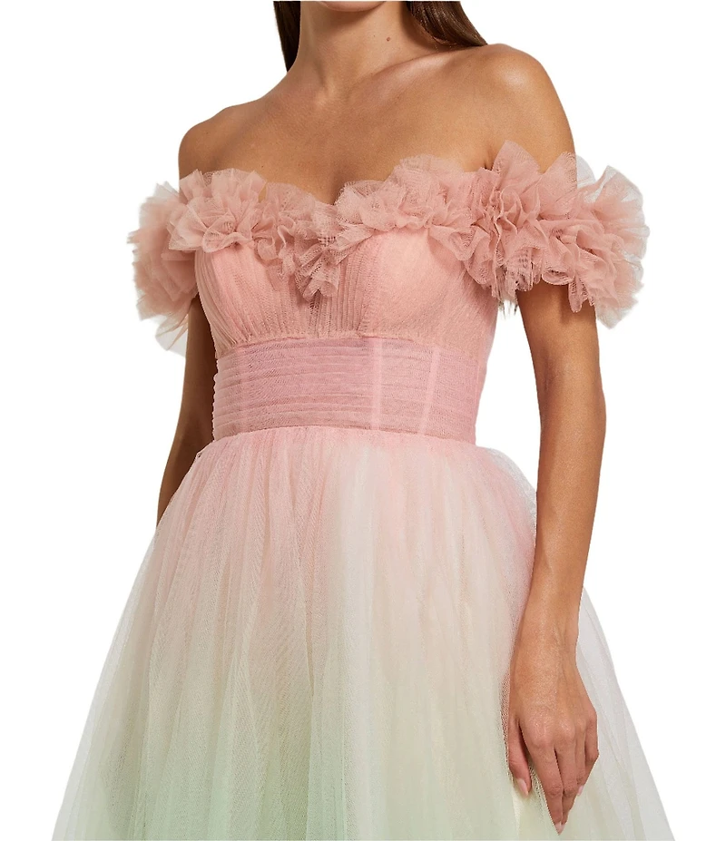 Mac Duggal Tulle Ombre Print Off-The-Shoulder Neck Short Sleeve 3D Flower Gown