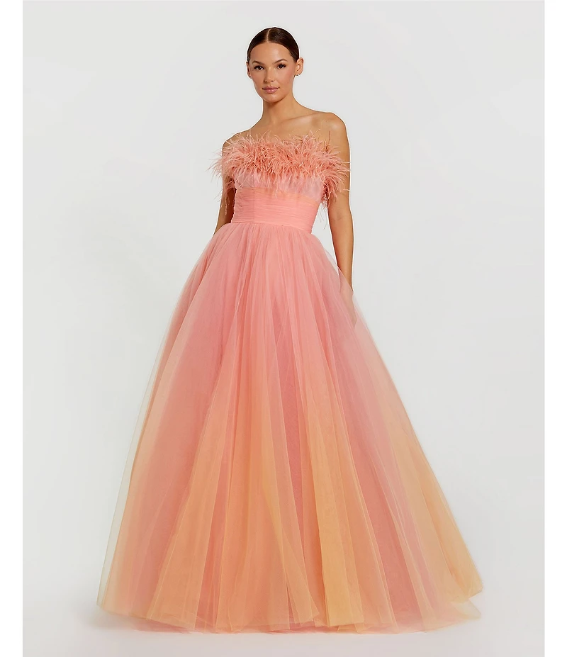 Mac Duggal Tulle Ombre Strapless Feather Trim A-Line Ballgown