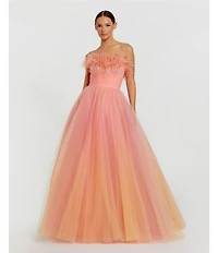 Mac Duggal Tulle Ombre Strapless Feather Trim A-Line Ballgown