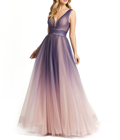 Mac Duggal Tulle V Neck Ombre Long Gown