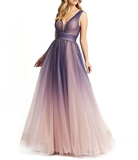 Mac Duggal Tulle V Neck Ombre Long Gown