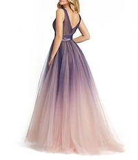 Mac Duggal Tulle V Neck Ombre Long Gown