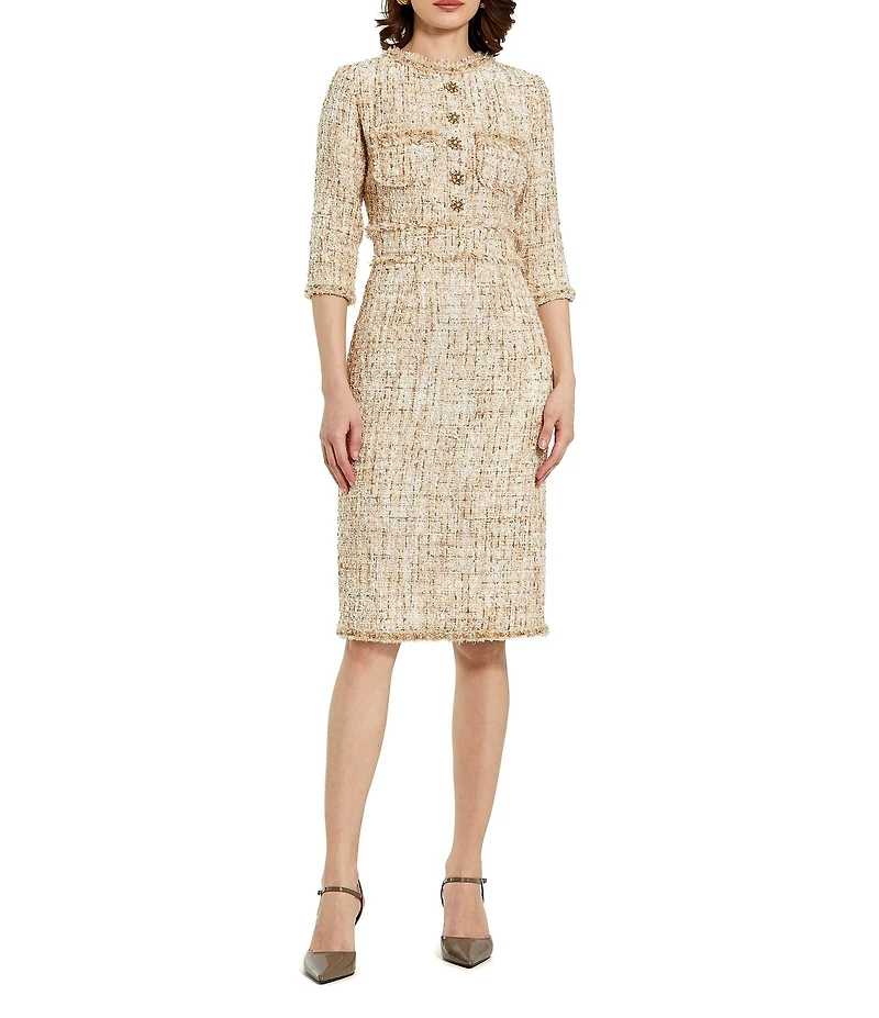 Mac Duggal Tweed Beaded Button Patch Pocket Midi Dress