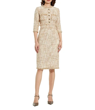 Mac Duggal Tweed Beaded Button Patch Pocket Midi Dress