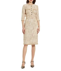 Mac Duggal Tweed Beaded Button Patch Pocket Midi Dress