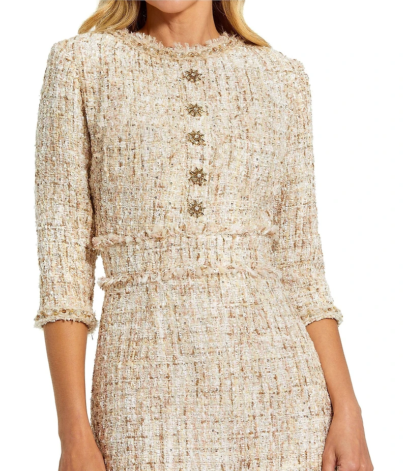 Mac Duggal Tweed Beaded Button Patch Pocket Midi Dress