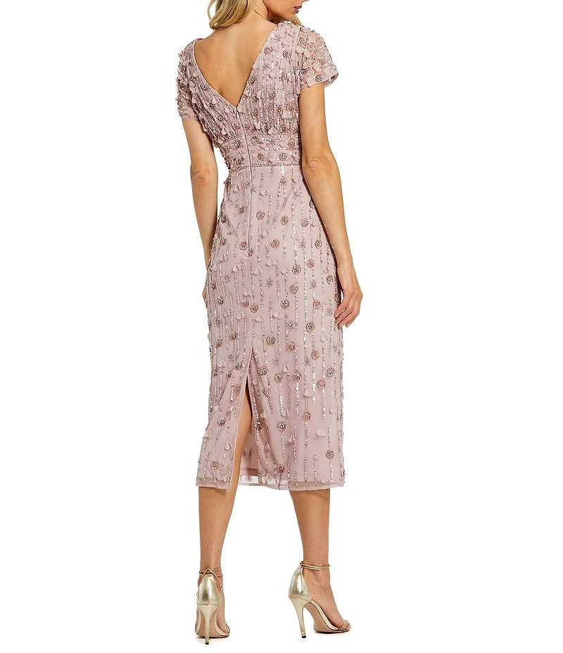 Mac Duggal V Back 3D Floral Beaded Sheath Midi Dress