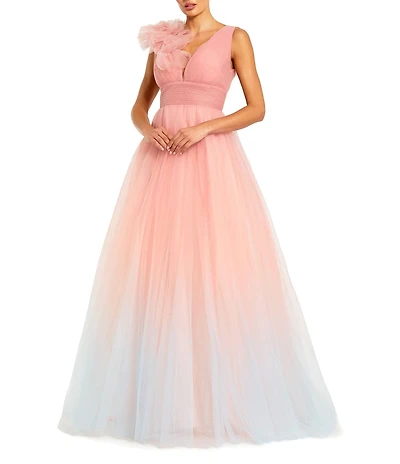 Mac Duggal V-Neck 3D Ruffle Shoulder Ombre Tulle Ballgown
