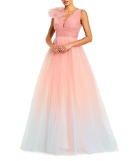 Mac Duggal V-Neck 3D Ruffle Shoulder Ombre Tulle Ballgown