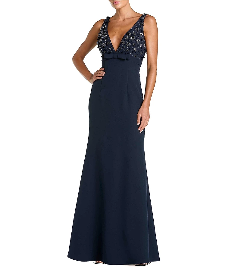 Mac Duggal V-Neck Beaded Bodice Crepe Aline Gown
