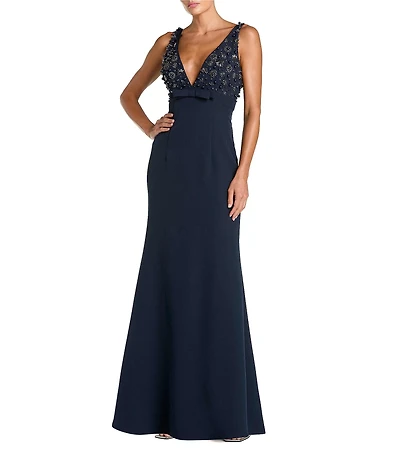 Mac Duggal V-Neck Beaded Bodice Crepe Aline Gown