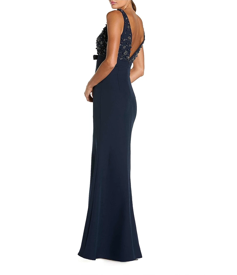 Mac Duggal V-Neck Beaded Bodice Crepe Aline Gown
