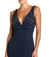 Mac Duggal V-Neck Beaded Bodice Crepe Aline Gown