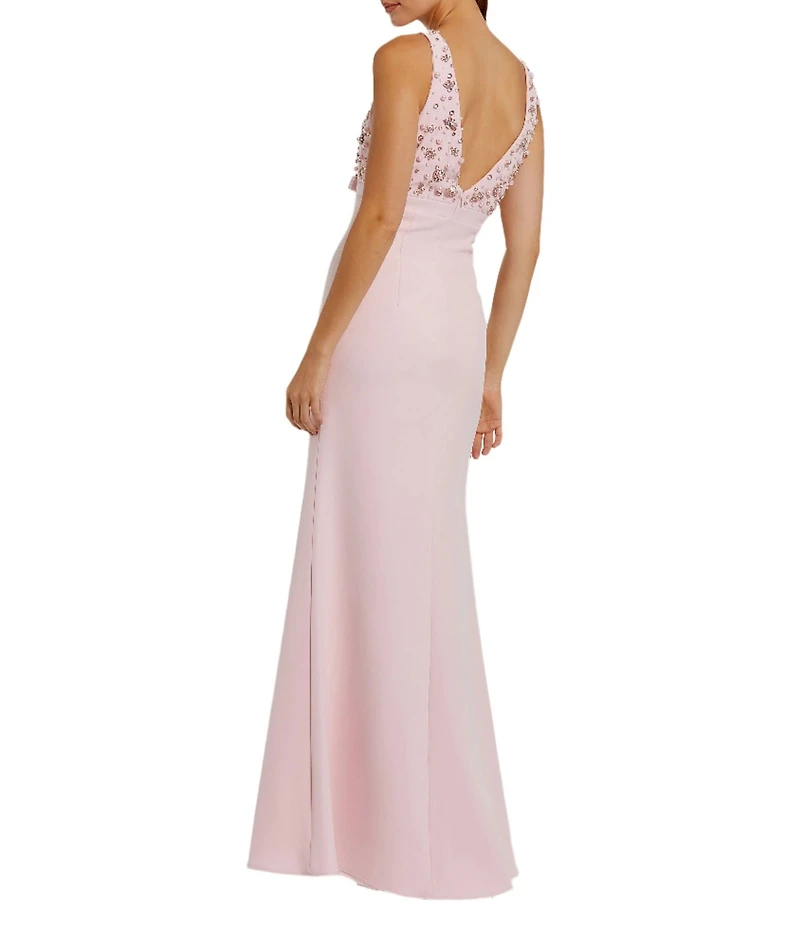 Mac Duggal V-Neck Beaded Bodice Crepe Aline Gown