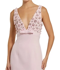 Mac Duggal V-Neck Beaded Bodice Crepe Aline Gown
