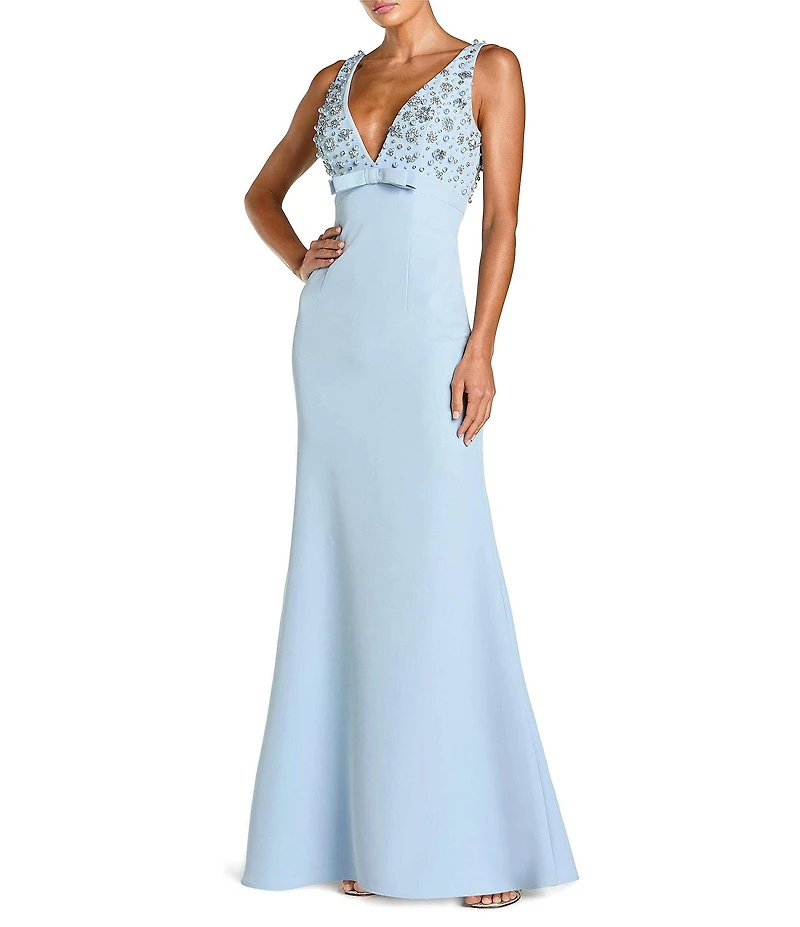 Mac Duggal V-Neck Beaded Bodice Crepe Aline Gown